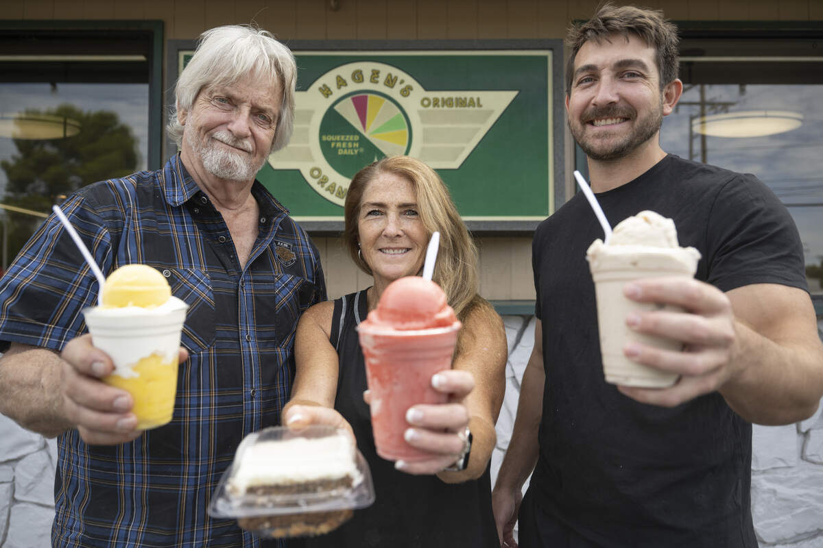 Temme Hagen, Toy Hagen and Daxton Hagen pose for a portrait at The Original Hagen’s Orange Freeze in Carmichael on Monday, Aug. 17, 2026. The business has been run by the Hagen family since 2003.